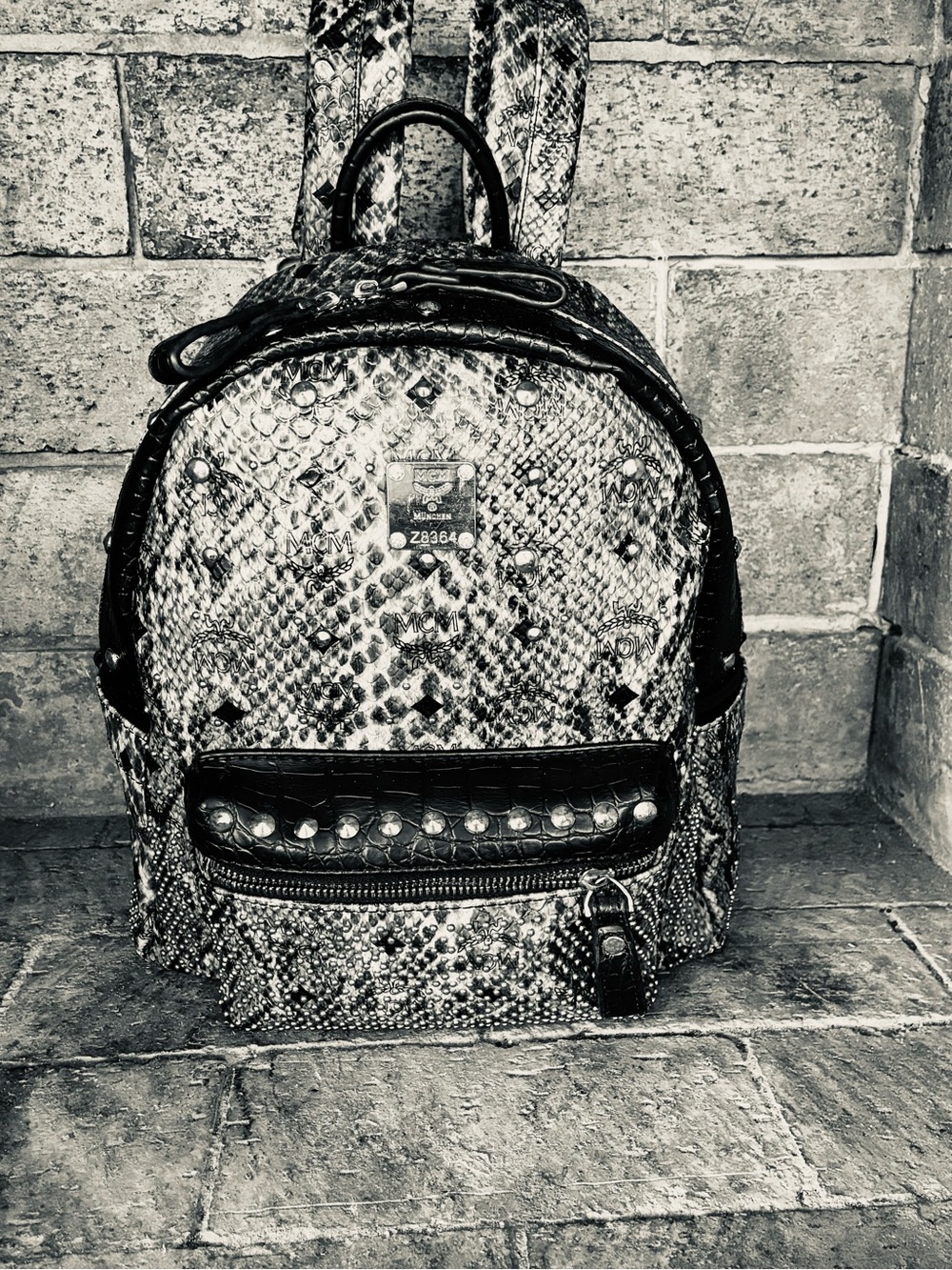 🏴☠️ MCM Stark Python Print backpack Ltd Edition black python and gray w studs - Picture 3 of 17